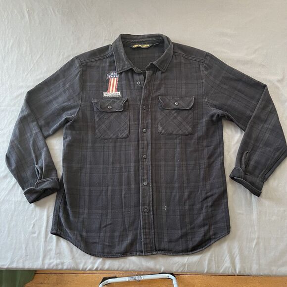 HARLEY DAVIDSON Plaid Button Front Shirt Flannel Patch American Flag - Picture 3 of 10
